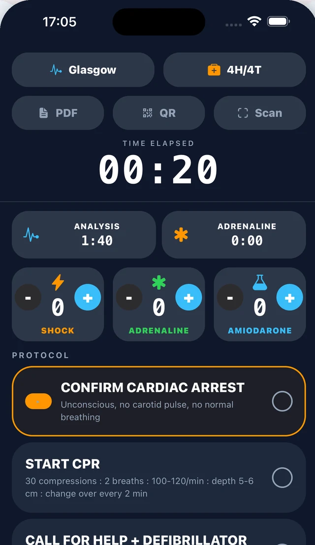INRO cardiac arrest mode with timer, time stamped drugs and resuscitation protocol