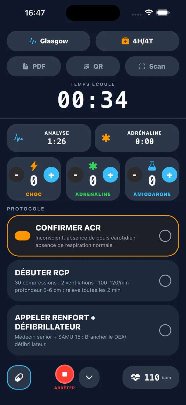 Mode arrêt cardiaque d'INRO : chronomètre, métronome de massage cardiaque, chocs et drogues horodatés
