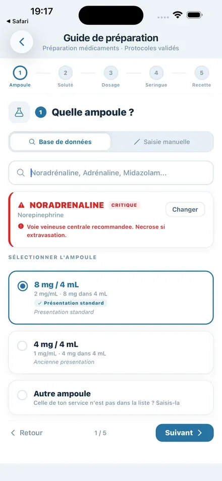 Étape 1 du guide de préparation INRO : choix de l'ampoule de noradrénaline, avec l'alerte voie veineuse centrale