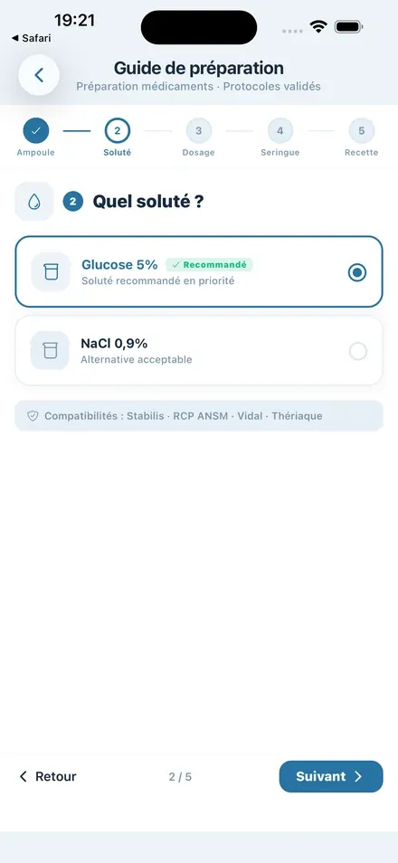 Étape 2 : choix du soluté, glucose 5 % recommandé, compatibilités Stabilis, RCP ANSM, Vidal et Thériaque