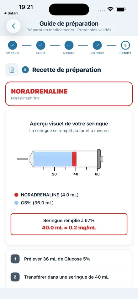 Étape 5 : aperçu visuel de la seringue remplie à 67 pour cent, 40 mL à 0,2 mg/mL