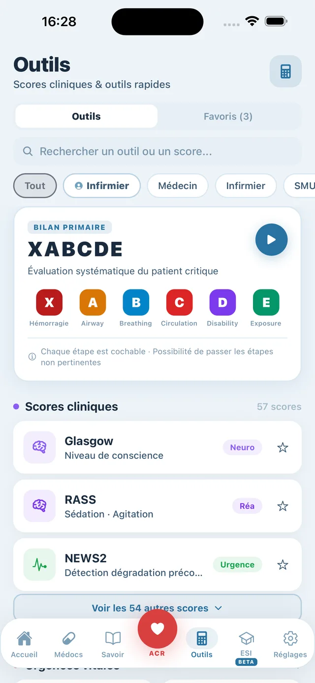 Scores cliniques d'INRO : Glasgow, RASS, NEWS2, qSOFA, calcul automatique et interprétation