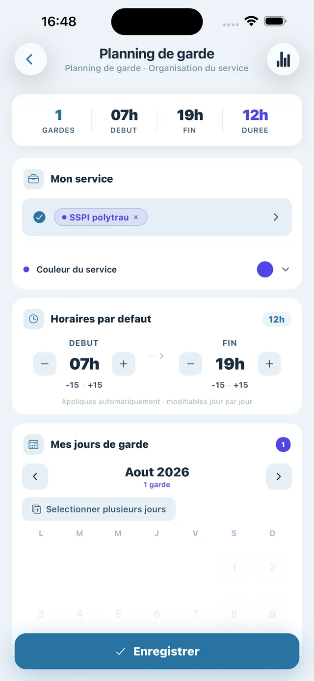 Planning de garde infirmier dans INRO : heures travaillées, repos et vue mensuelle par service