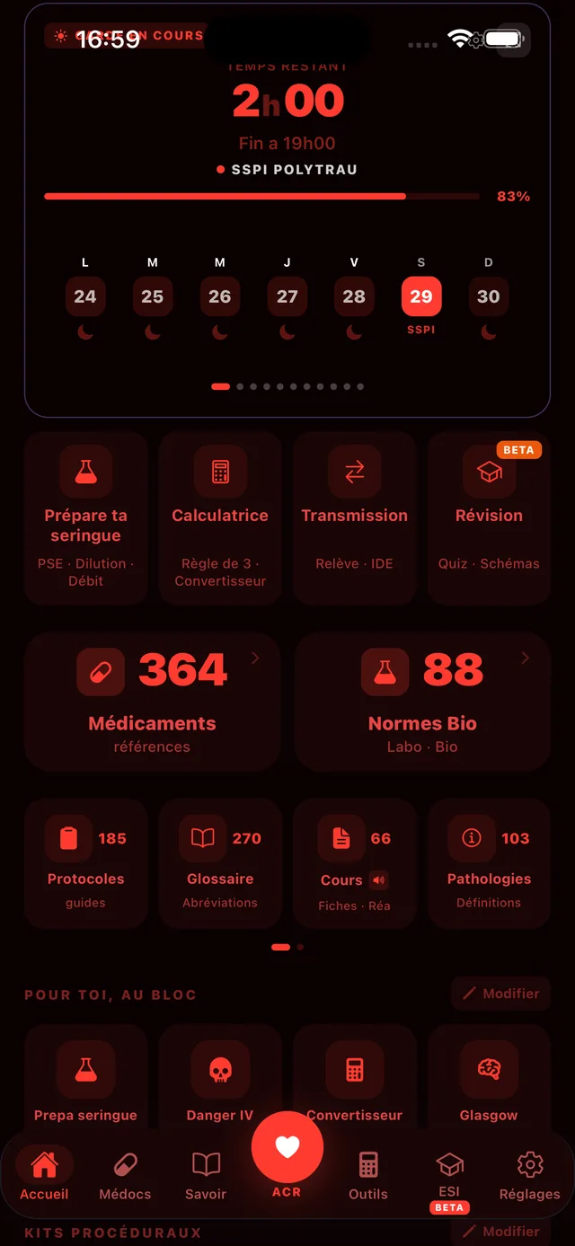 Mode tactique d'INRO en rouge sur fond noir, pour les militaires en zone de discipline lumineuse et les soignants en mission isolée